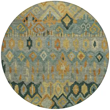 8' Green Gold And Copper Round Geometric Washable Indoor Outdoor Area Rug
