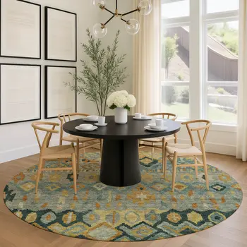 8' Green Gold And Copper Round Geometric Washable Indoor Outdoor Area Rug