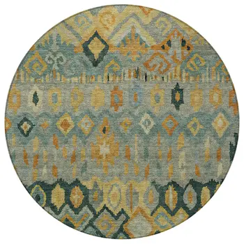 8' Green Gold And Copper Round Geometric Washable Indoor Outdoor Area Rug