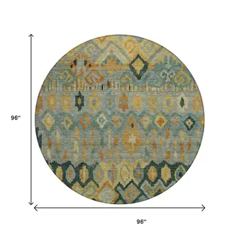 8' Green Gold And Copper Round Geometric Washable Indoor Outdoor Area Rug