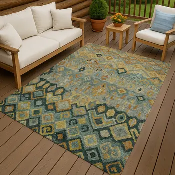 9' X 12' Green Gold And Copper Geometric Washable Indoor Outdoor Area Rug