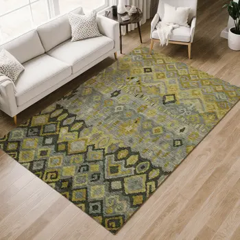 3' X 5' Pewter Gold And Charcoal Geometric Washable Indoor Outdoor Area Rug