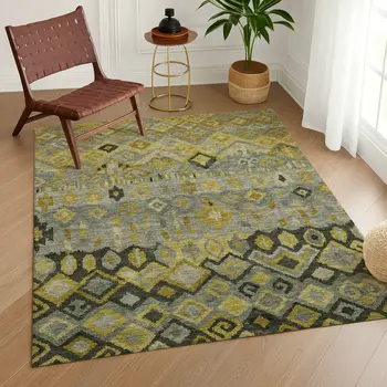 5' X 8' Pewter Gold And Charcoal Geometric Washable Indoor Outdoor Area Rug