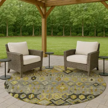 8' Pewter Gold And Charcoal Round Geometric Washable Indoor Outdoor Area Rug