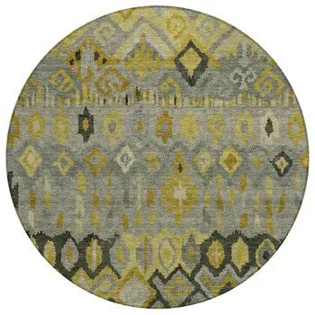 8' Pewter Gold And Charcoal Round Geometric Washable Indoor Outdoor Area Rug