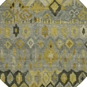 8' Pewter Gold And Charcoal Round Geometric Washable Indoor Outdoor Area Rug