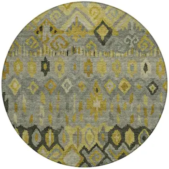 8' Pewter Gold And Charcoal Round Geometric Washable Indoor Outdoor Area Rug