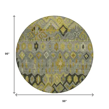 8' Pewter Gold And Charcoal Round Geometric Washable Indoor Outdoor Area Rug