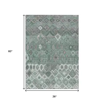 3' X 5' Artichoke Green Gray And Ivory Geometric Washable Indoor Outdoor Area Rug