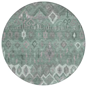 8' Artichoke Green Gray And Ivory Round Geometric Washable Indoor Outdoor Area Rug