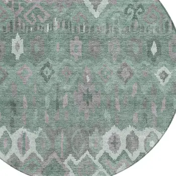 8' Artichoke Green Gray And Ivory Round Geometric Washable Indoor Outdoor Area Rug