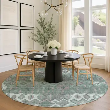 8' Artichoke Green Gray And Ivory Round Geometric Washable Indoor Outdoor Area Rug