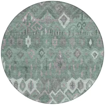 8' Artichoke Green Gray And Ivory Round Geometric Washable Indoor Outdoor Area Rug