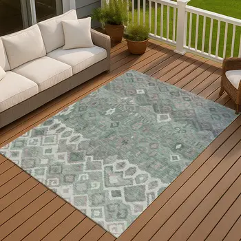 8' X 10' Artichoke Green Gray And Ivory Geometric Washable Indoor Outdoor Area Rug