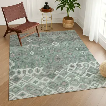 8' X 10' Artichoke Green Gray And Ivory Geometric Washable Indoor Outdoor Area Rug