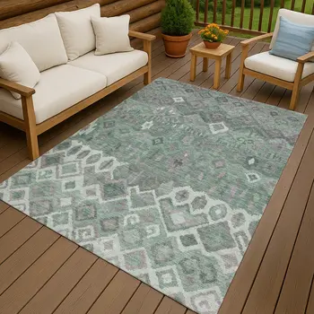 8' X 10' Artichoke Green Gray And Ivory Geometric Washable Indoor Outdoor Area Rug