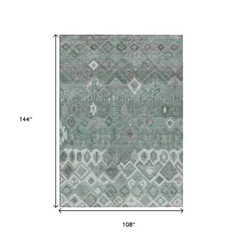 9' X 12' Artichoke Green Gray And Ivory Geometric Washable Indoor Outdoor Area Rug