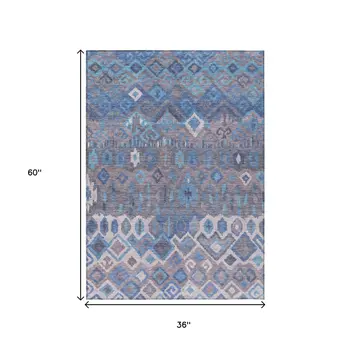 3' X 5' Blue Gray And Ivory Geometric Washable Indoor Outdoor Area Rug