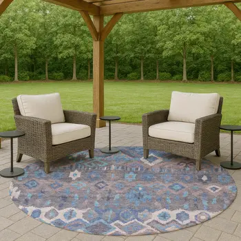 8' Blue Gray And Ivory Round Geometric Washable Indoor Outdoor Area Rug