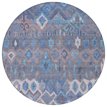 8' Blue Gray And Ivory Round Geometric Washable Indoor Outdoor Area Rug