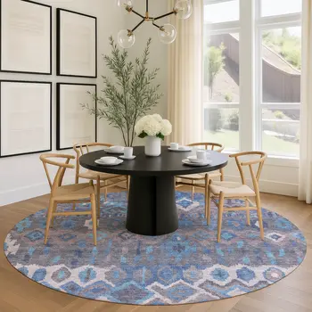 8' Blue Gray And Ivory Round Geometric Washable Indoor Outdoor Area Rug