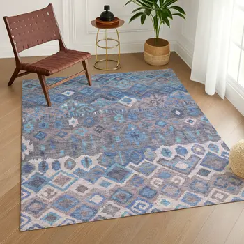 10' X 14' Blue Gray And Ivory Geometric Washable Indoor Outdoor Area Rug
