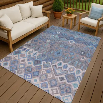 10' X 14' Blue Gray And Ivory Geometric Washable Indoor Outdoor Area Rug