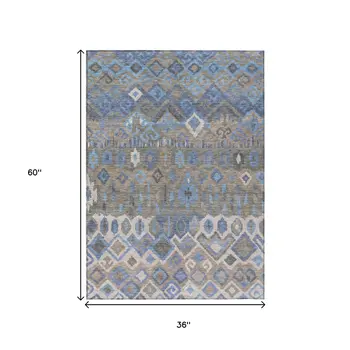 3' X 5' Denim Blue Gray And Ivory Geometric Washable Indoor Outdoor Area Rug