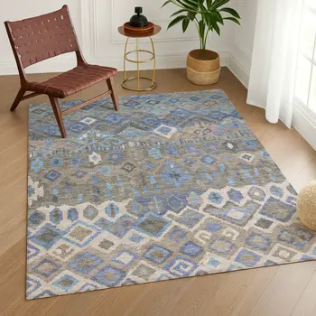 3' X 5' Denim Blue Gray And Ivory Geometric Washable Indoor Outdoor Area Rug