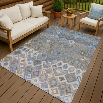 3' X 5' Denim Blue Gray And Ivory Geometric Washable Indoor Outdoor Area Rug