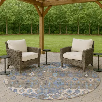 8' Denim Blue Gray And Ivory Round Geometric Washable Indoor Outdoor Area Rug