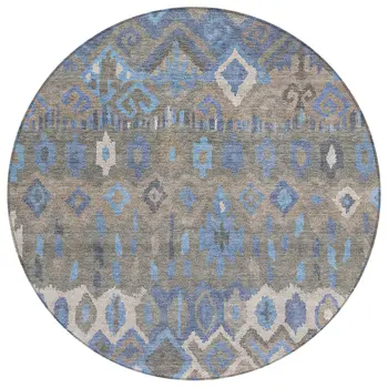 8' Denim Blue Gray And Ivory Round Geometric Washable Indoor Outdoor Area Rug