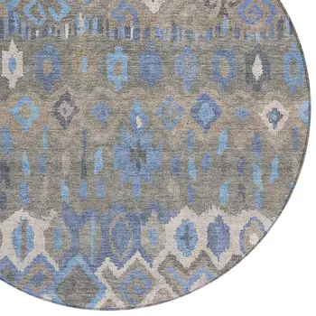 8' Denim Blue Gray And Ivory Round Geometric Washable Indoor Outdoor Area Rug