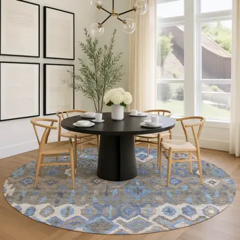 8' Denim Blue Gray And Ivory Round Geometric Washable Indoor Outdoor Area Rug