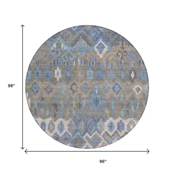 8' Denim Blue Gray And Ivory Round Geometric Washable Indoor Outdoor Area Rug