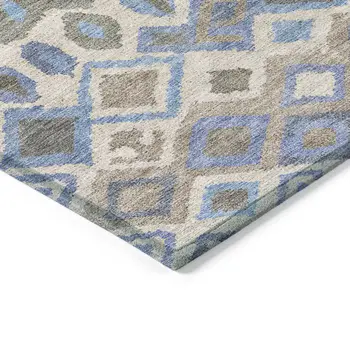 10' X 14' Denim Blue Gray And Ivory Geometric Washable Indoor Outdoor Area Rug