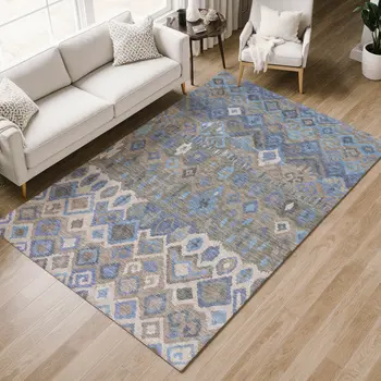 10' X 14' Denim Blue Gray And Ivory Geometric Washable Indoor Outdoor Area Rug