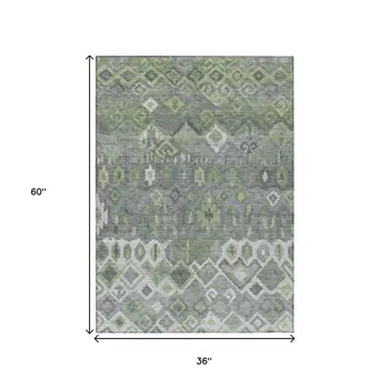 3' X 5' Gray Green And Ivory Geometric Washable Indoor Outdoor Area Rug
