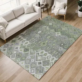 5' X 8' Gray Green And Ivory Geometric Washable Indoor Outdoor Area Rug