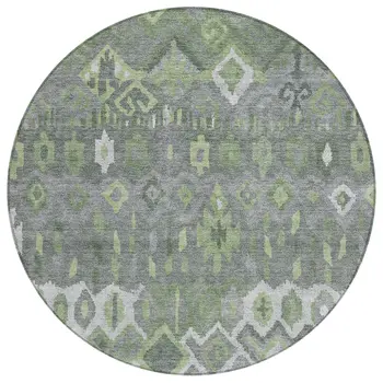 8' Gray Green And Ivory Round Geometric Washable Indoor Outdoor Area Rug