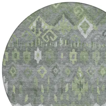 8' Gray Green And Ivory Round Geometric Washable Indoor Outdoor Area Rug