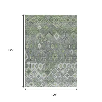 10' X 14' Gray Green And Ivory Geometric Washable Indoor Outdoor Area Rug