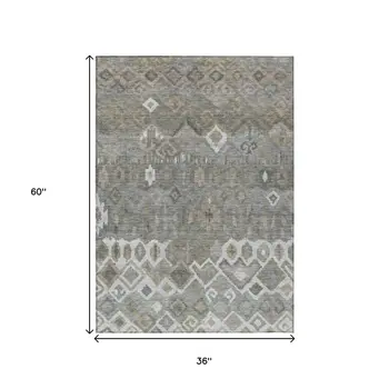 3' X 5' Pewter Ivory And Tan Geometric Washable Indoor Outdoor Area Rug