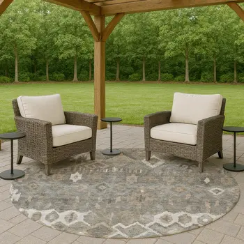 8' Pewter Ivory And Tan Round Geometric Washable Indoor Outdoor Area Rug