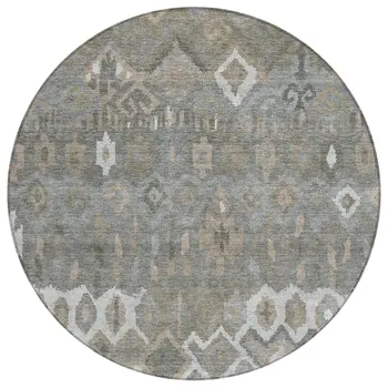 8' Pewter Ivory And Tan Round Geometric Washable Indoor Outdoor Area Rug