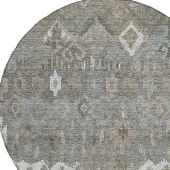 8' Pewter Ivory And Tan Round Geometric Washable Indoor Outdoor Area Rug