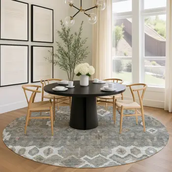 8' Pewter Ivory And Tan Round Geometric Washable Indoor Outdoor Area Rug
