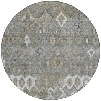 8' Pewter Ivory And Tan Round Geometric Washable Indoor Outdoor Area Rug