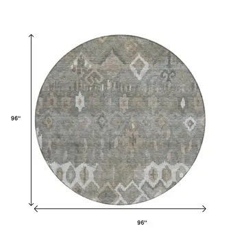 8' Pewter Ivory And Tan Round Geometric Washable Indoor Outdoor Area Rug