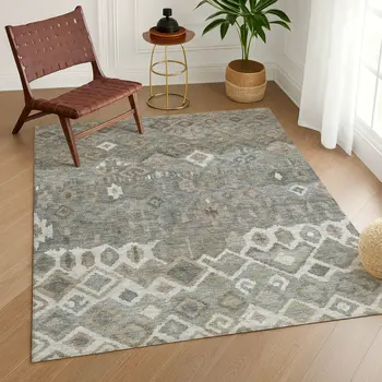 9' X 12' Pewter Ivory And Tan Geometric Washable Indoor Outdoor Area Rug